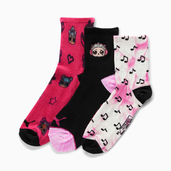 PUMA x L.O.L. Surprise! Girls' Quarter Crew Socks [3 Pack], BLACK / PINK, extralarge